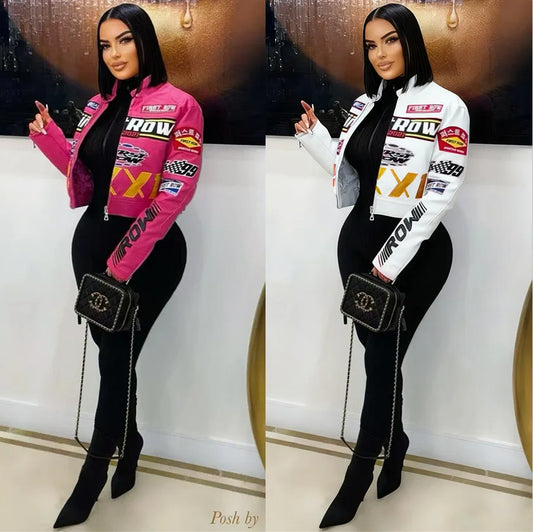 Winter Cropped Faux Leather Baseball Jacket for Women