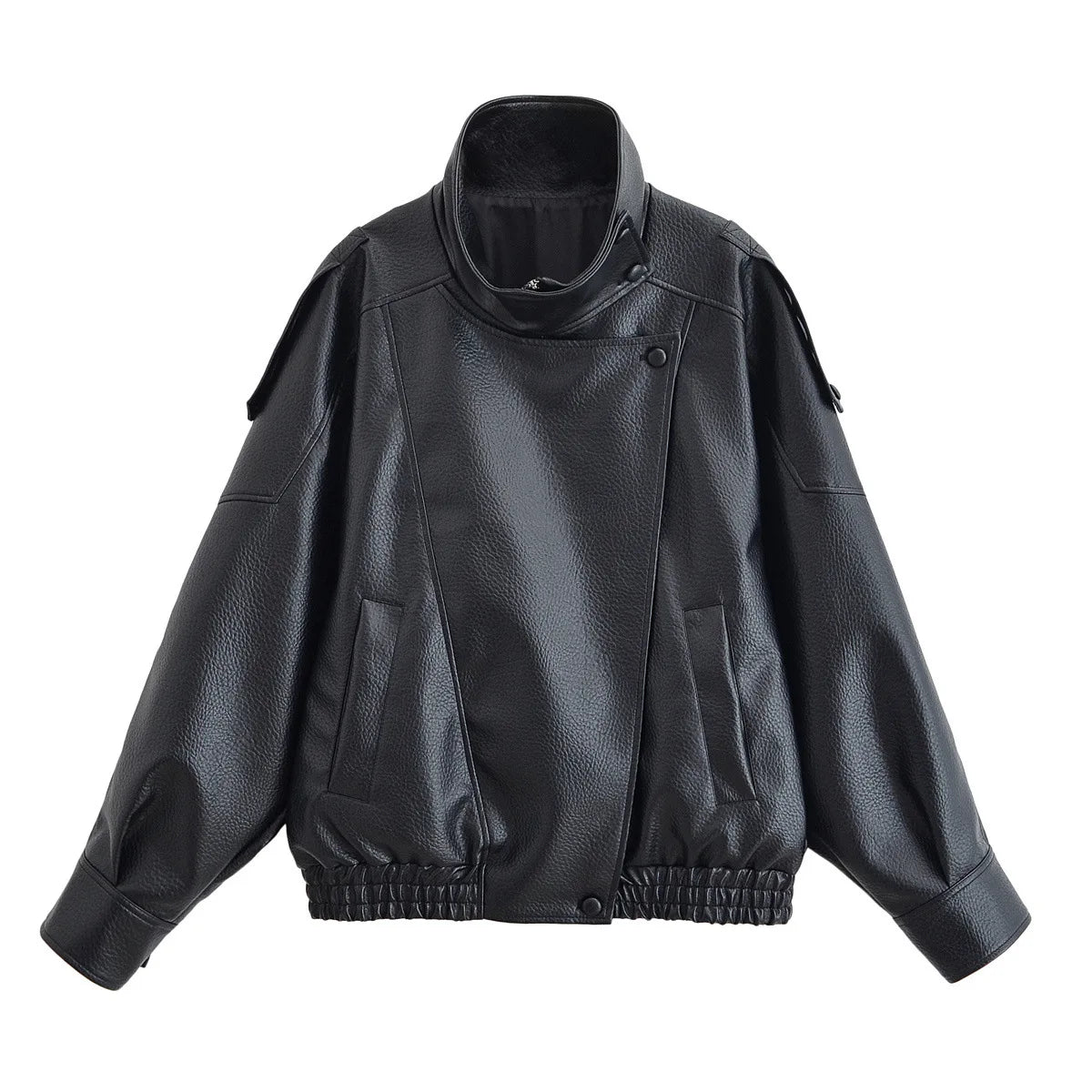 Cropped Oversized Black Leather Bomber Jacket for Women