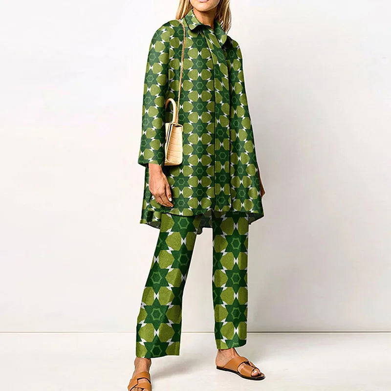 2022 Sets Womens Outfits Elegant Loungewear Print Spring Autumn 2PCS Ladies Suit Long Sleeve Wide Leg Pants Loose Fit Streetwear