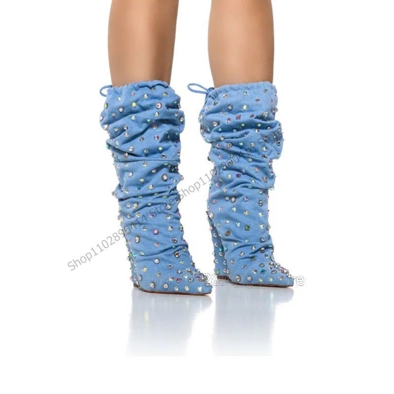 Blue Denim Crystal Embellished Slip On Wedge Boots for Women
