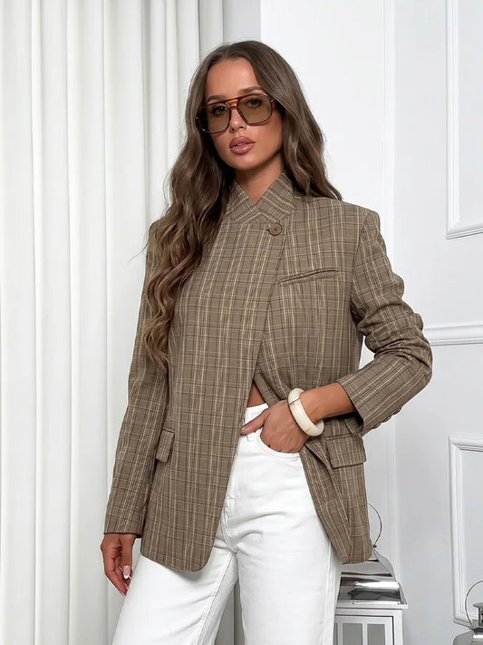 Plaid Stand Collar Blazer