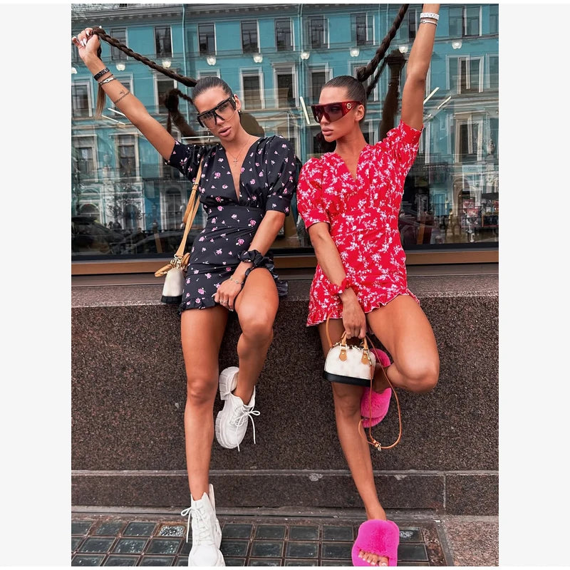 Floral Printed Lace Up Puff Sleeve Mini Dress for Women