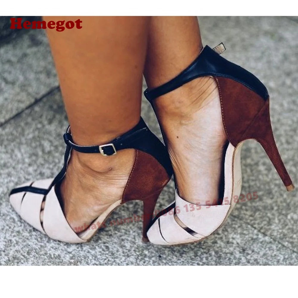 Round Toe T Strap Buckle Pumps With Cutout Suede for Women