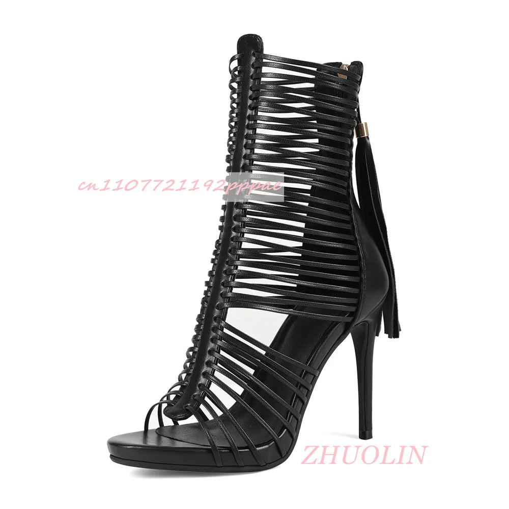 Red Fringe Gladiator Knee High Sandals Open Toe Platform for Women