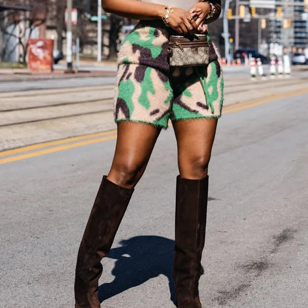 Fuzzy Camo High Waist Drawstring Shorts for Women