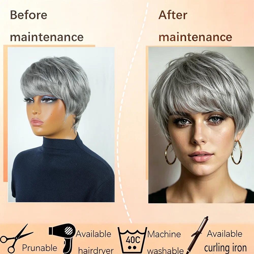 Silver Grey Straight Pixie Cut Premium Human Hair Wig For Women