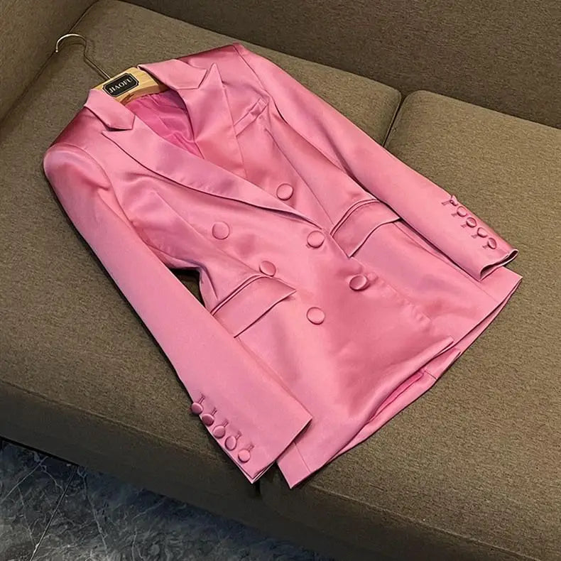 Elegant Pink Long Sleeve Blazer And Short Skirt Set For Women