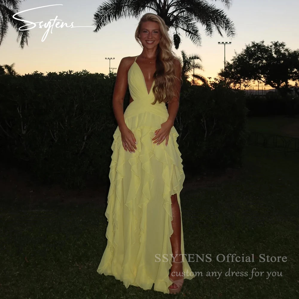 Yellow Ruffle Tiered Deep V Neck Chiffon Evening Dress for Women