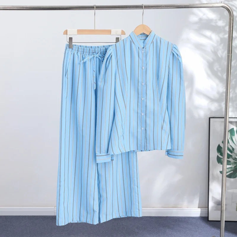 Blue Striped Puff Shoulder Shirt And Pants Set For Women