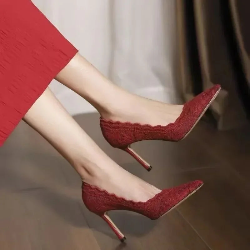 Pointed Lace Mesh Wedding Pumps With Thin Heels for Women