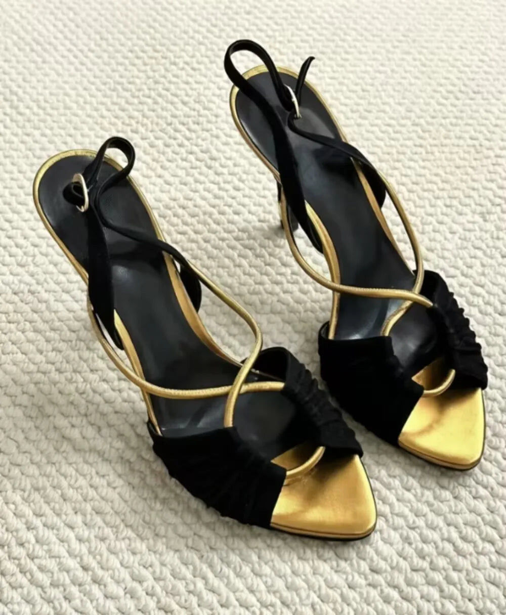 Black And Gold Pointed Toe Stiletto Sandals With Crisscross Straps For Women