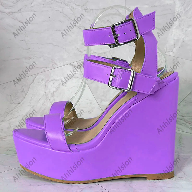 Yellow Open Toe Buckle Platform Wedge Sandals For Women