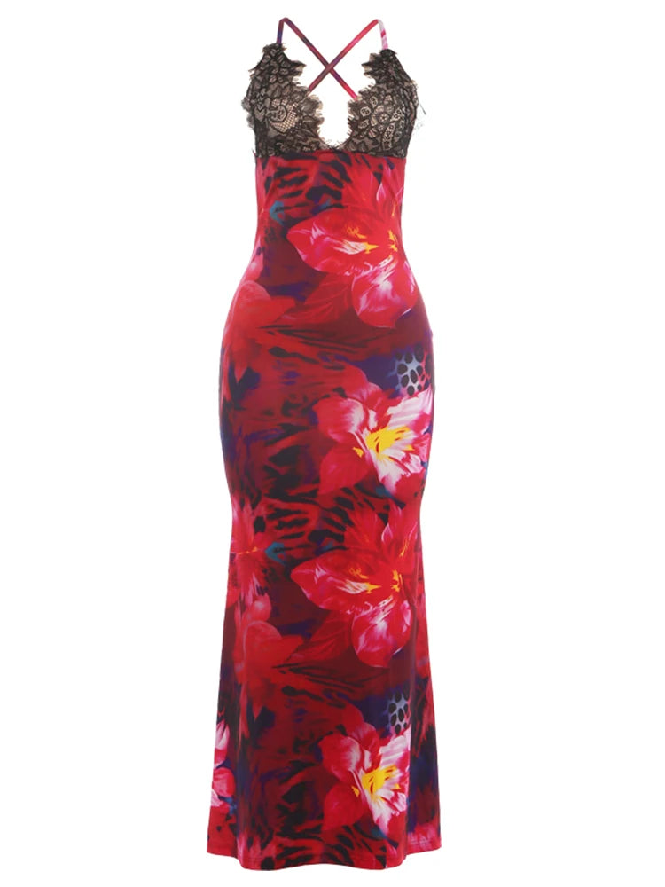 Cross Bandage Backless Sling Flower Print Lace Patchwork Dress for Women