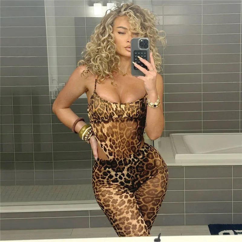 Leopard Mesh Bodysuit And Flare Pants Set for Women