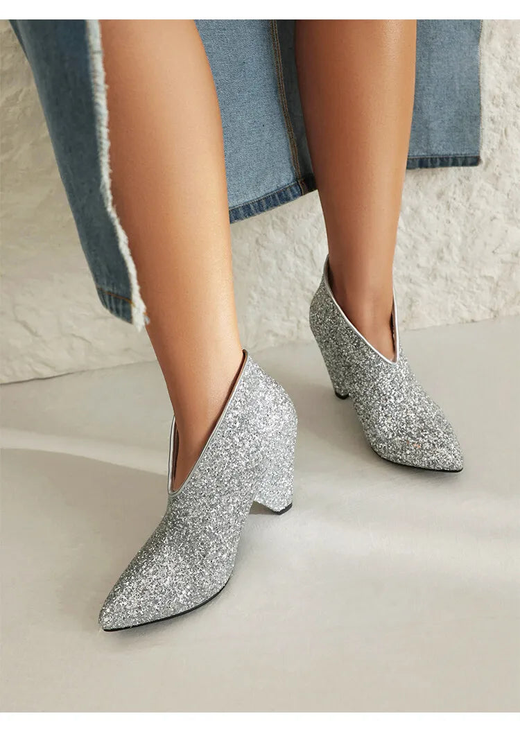 New Blingbling Pointed Toe Women Chunky Spike Heel Sequins Ankle Boots V Open Slip On Spike Heel Pointy Sequined Boots Size 43