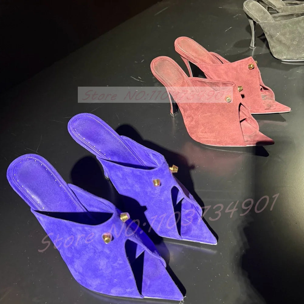 Red Suede Pointed Toe Rivet High Heel Mules for Women