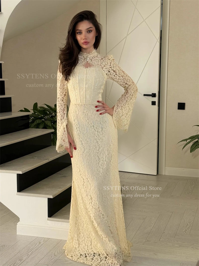 Elegant Yellow Mermaid Lace Evening Dress for Women