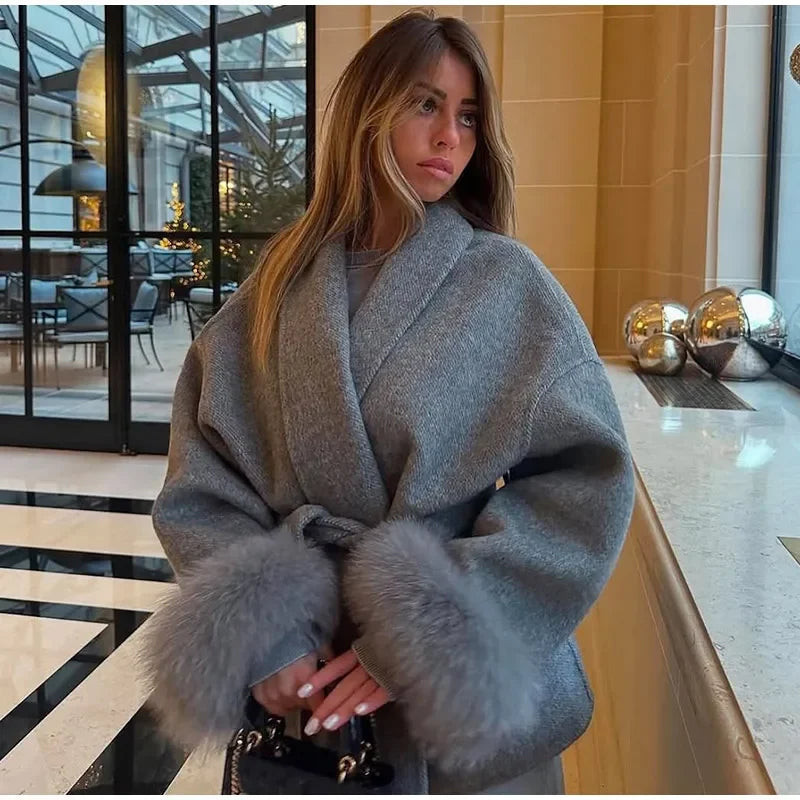 Faux Fur Wool Blend Longline Lapel Overcoat for Women