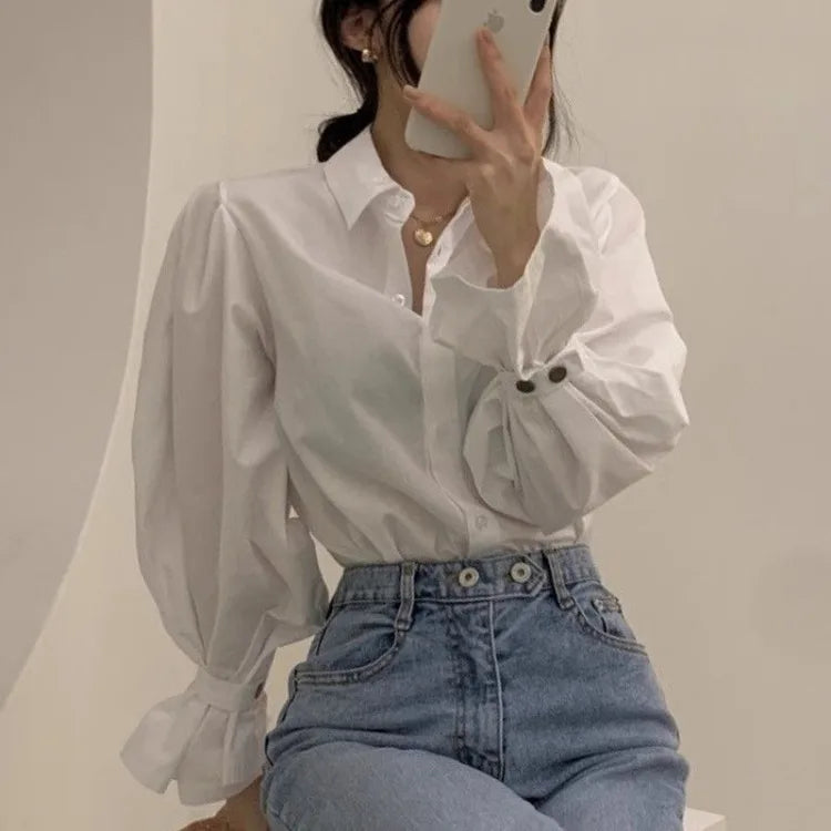White Puff Sleeve Button-Front Collared Blouse for Women
