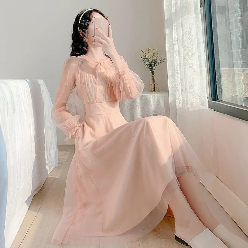 2026 Summer French Style Mesh Tulle Long Dress Women Elegant Fairy Party Maxi Dress Soft Aesthetic Holiday Beach Wear