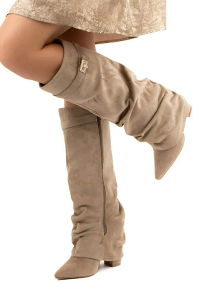 Pointed Toe Thick High Heel Mid Calf Boots for Women