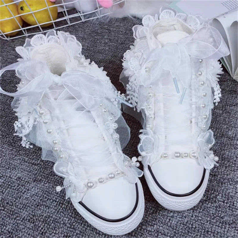 Pearl Floral Lace-Up Canvas High Top Shoes for Women