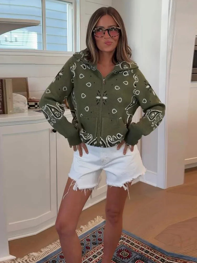 Gray Jacquard Knit Loose Cardigan Long Sleeve Casual for Women