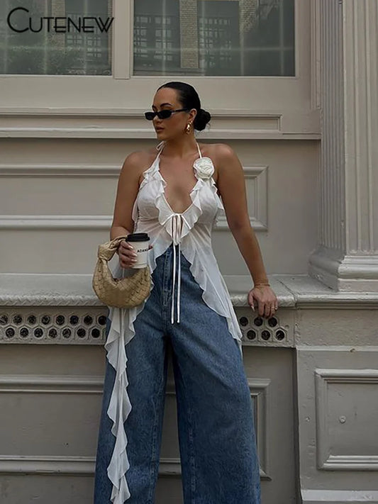 Cutenew Women's Sexy White Ruched Crop Top Casual Suspender Halter Streetwear Fashion Club Mesh Party Lady Tank Top Summer 2023