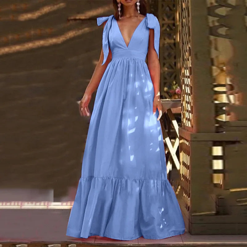 Elegant Backless V-Neck Ruffle Maxi Party Dress for Women