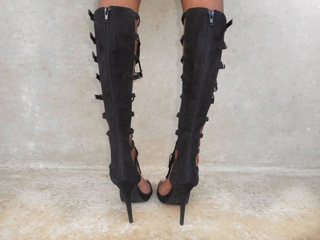 Black Cutout Buckled T-Strap Sandals With Back Zipper for Women