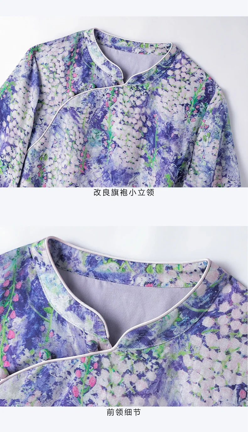 Casual Mandarin Collar Vintage Print Ramie Dress for Women