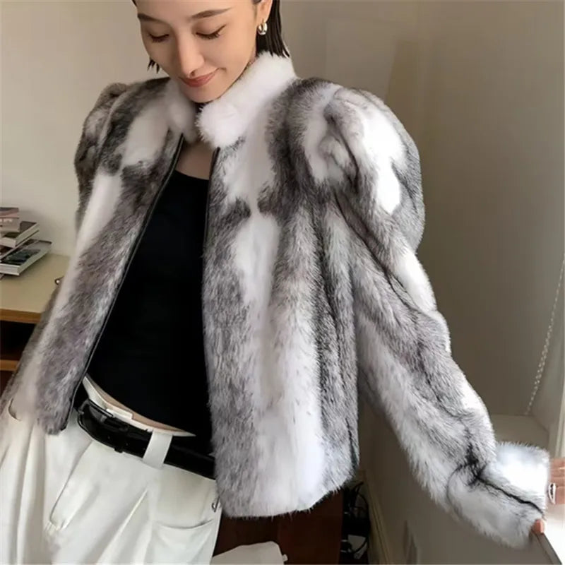 Faux Mink Fur Coat for Women,Short Jackets,O-Neck Overcoat,Female Clothes,High-Quality，England Style,Autumn,Winter,New