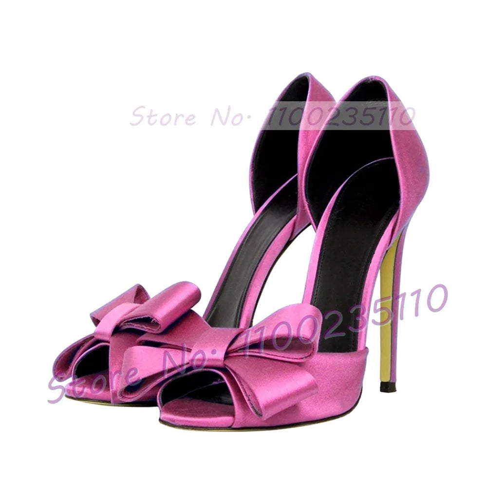 Elegant Rose Red Satin Bowknot Peep Toe Pumps for Women