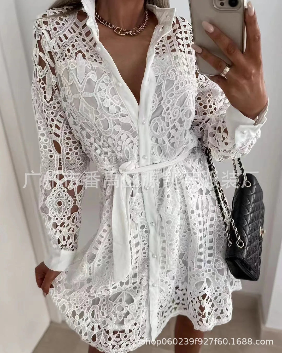 Chic Lace Cutout Long Sleeve Shirt Dress for Women