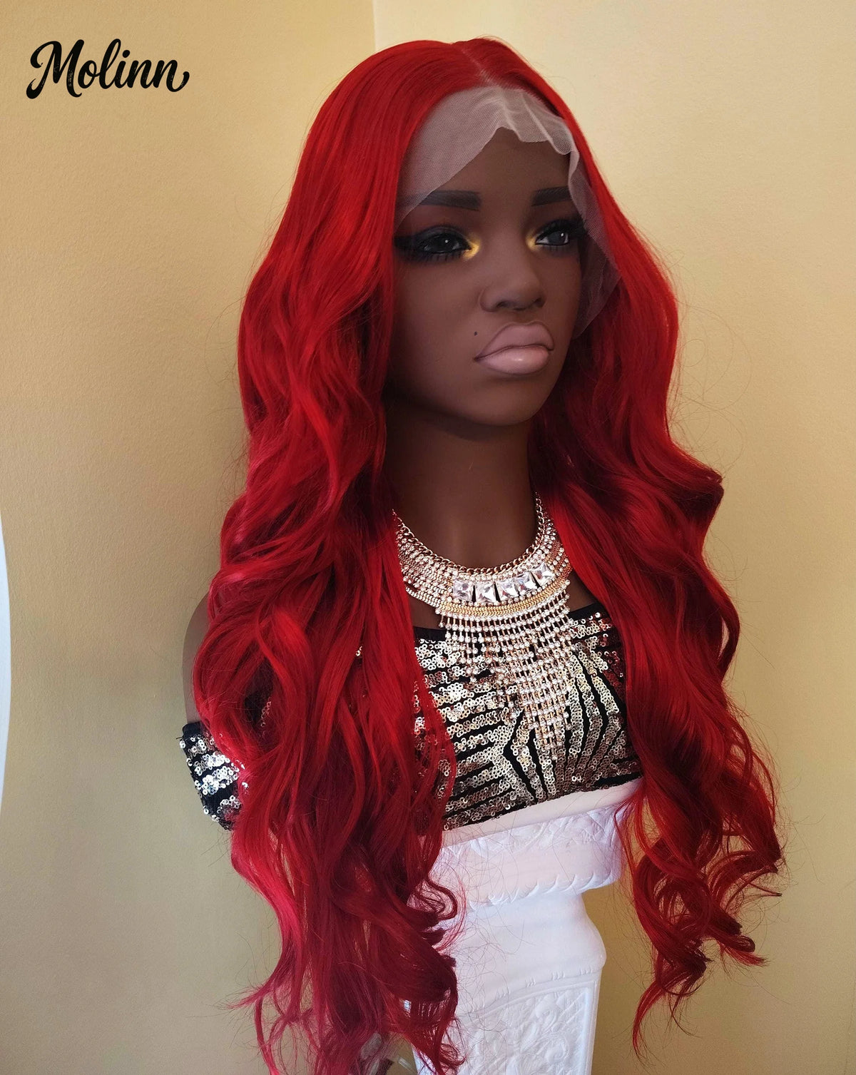 Bright Red Body Wave Heat Resistant Lace Front Wig for Women
