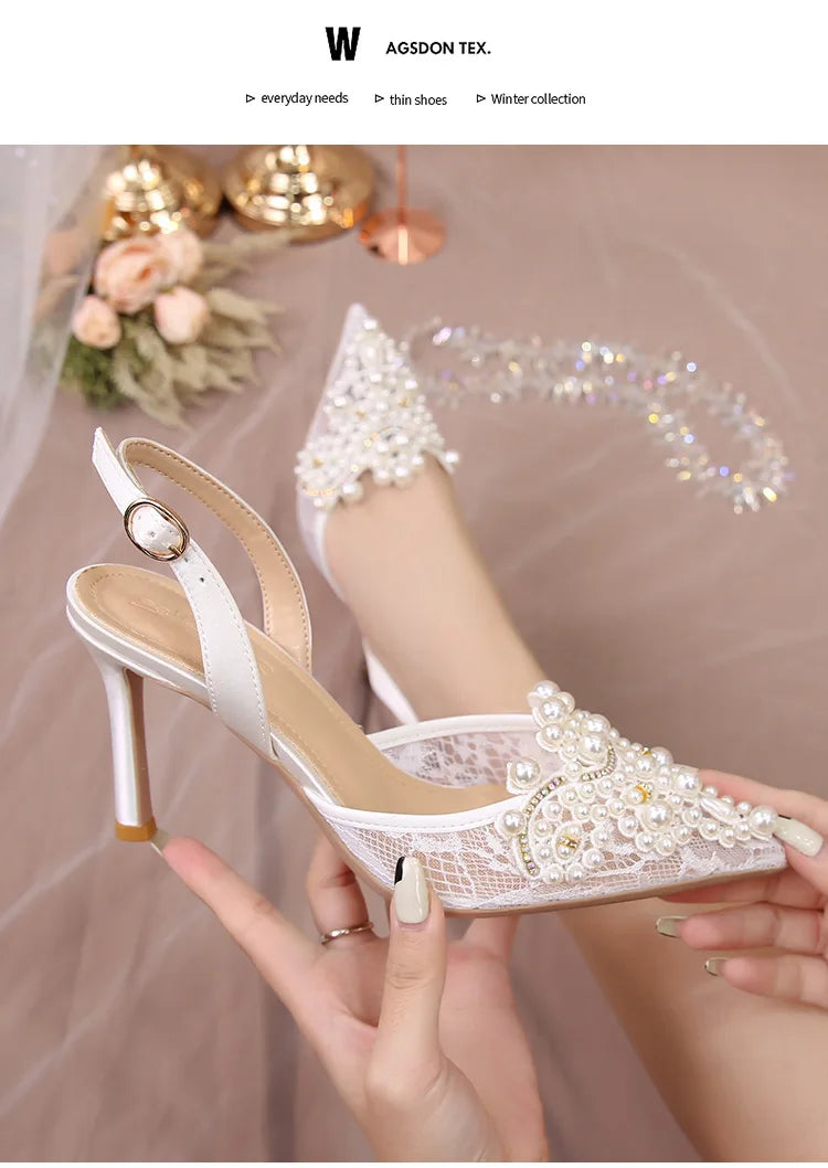 Lace Pearl Beaded Pointed Toe Stiletto Heels for Women