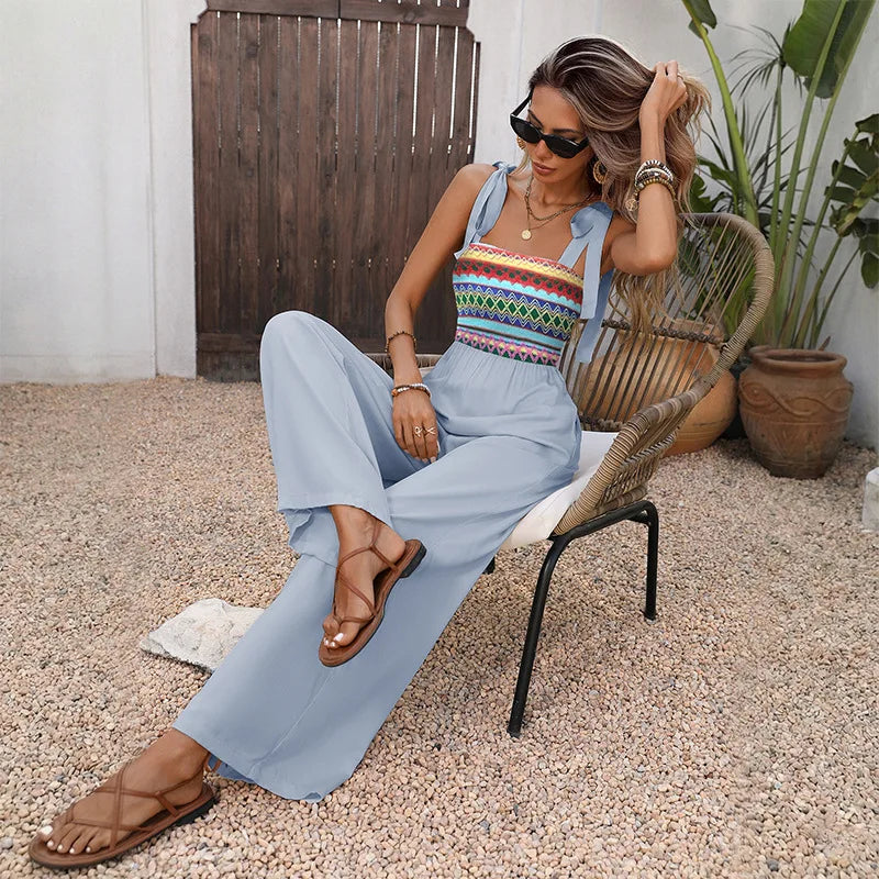 Boho Striped Knit Tie Shoulder Square Neck Jumpsuit for Women