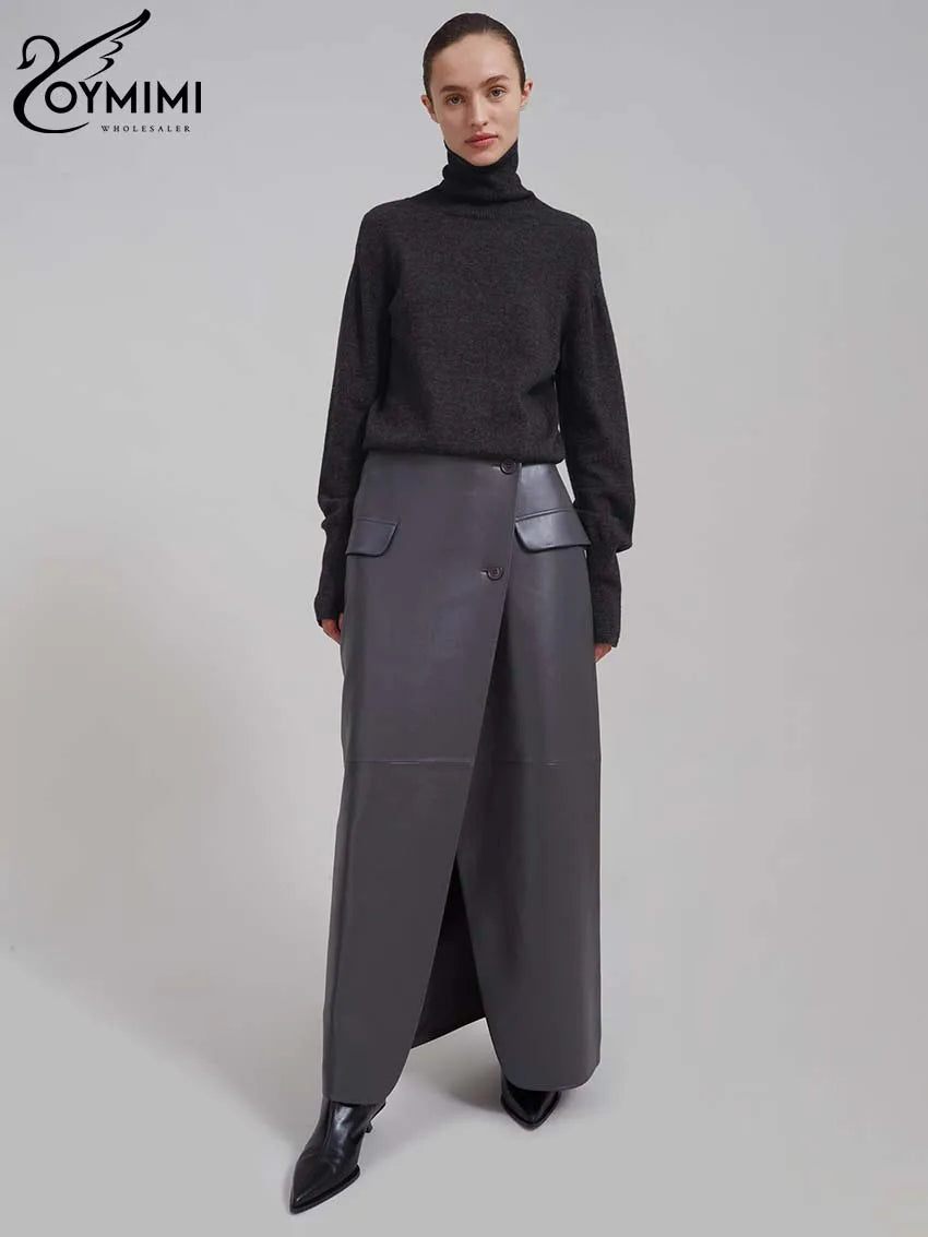 Oymimi Casual Black Pu Leather Skirts For Woman Elegant Button High Waisted Skirts Fashion Pockets Straight Skirt Streetwear