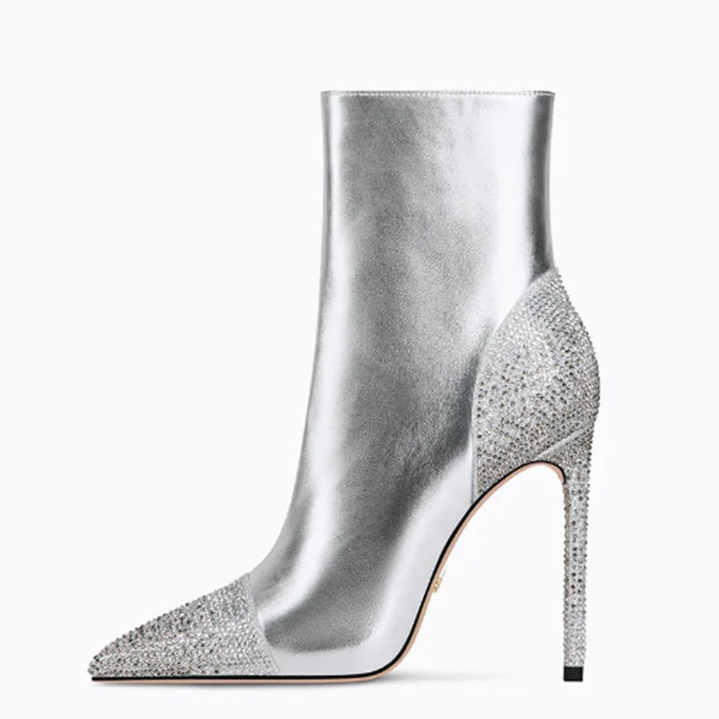 Sparkling Crystal Pointed Toe High Heel Party Stiletto Ankle Boots for Women