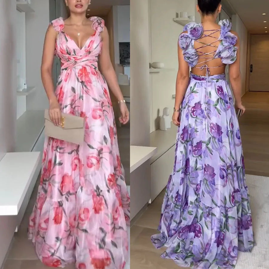 2025 Sexy Printed Chiffon Long Dress Summer Fashion Elegant V Neck Ruffles Edge Slim Vacation Sleeveless Backless Party Dresses