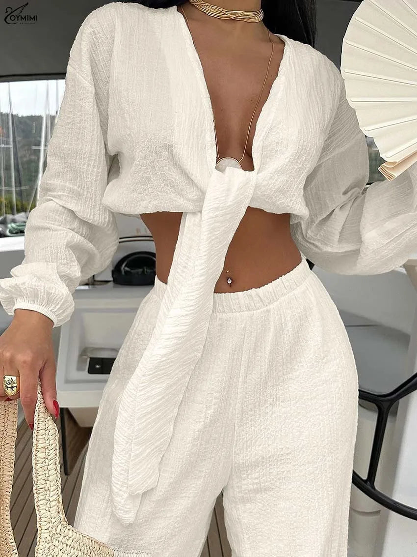 Oymimi Casual Apricot Loose Women's Two Pieces Set Fashion V-Neck Long Sleeve Lace-Up Crop Tops And Simple Trousers Female Sets