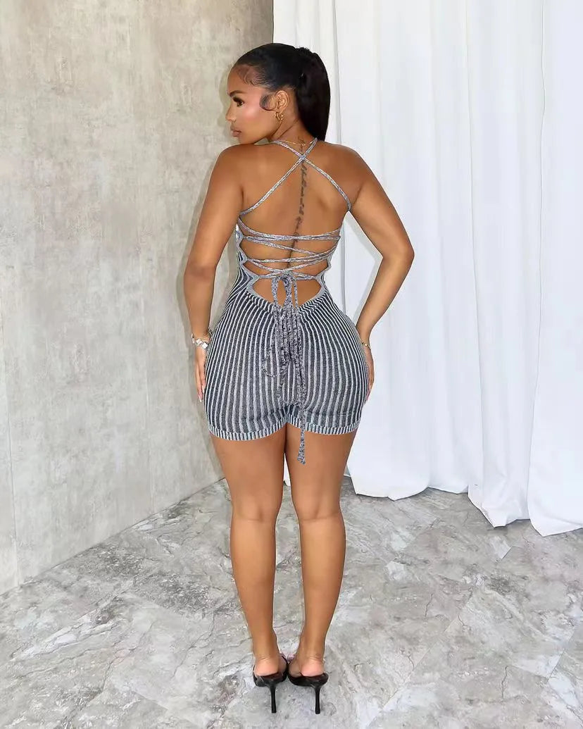 Backless Striped Knitted Sporty Playsuit for Women