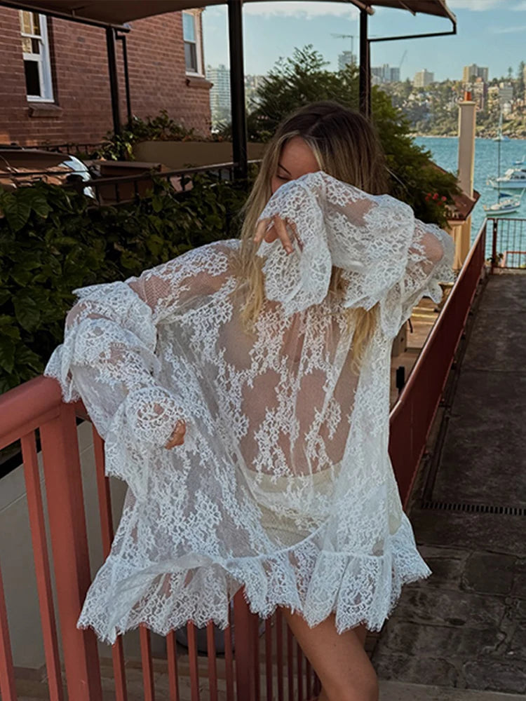 Lace See Through High Neck Long Sleeves A Line Mini Dress for Women