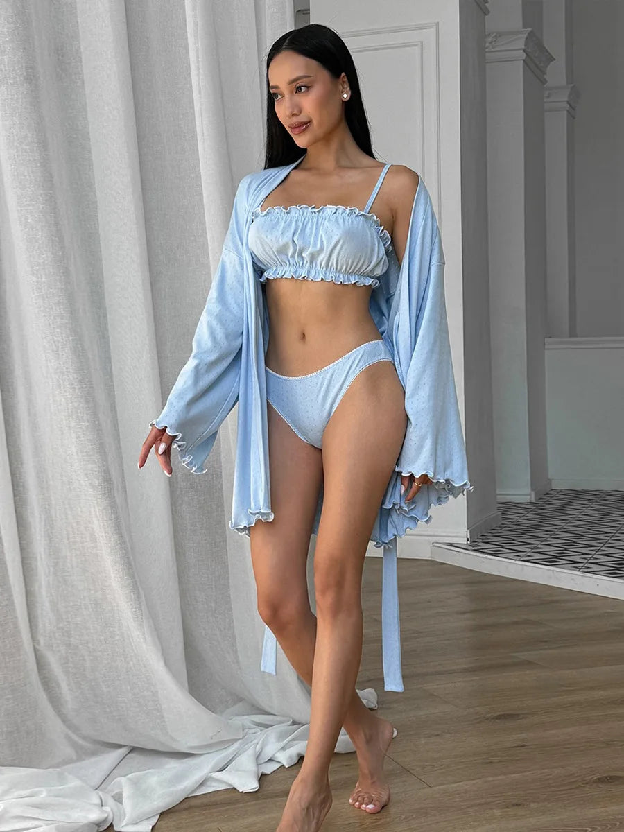 Comfortable Knitted V Neck Pajama And Robe Set For Women