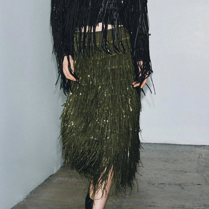 Fashion Lapel Button Shirt & Fringed Skirt Set Women Casual Long Sleeve Party Skirt Outfits Elegant Sequined Long Skirt 2Pc Suit
