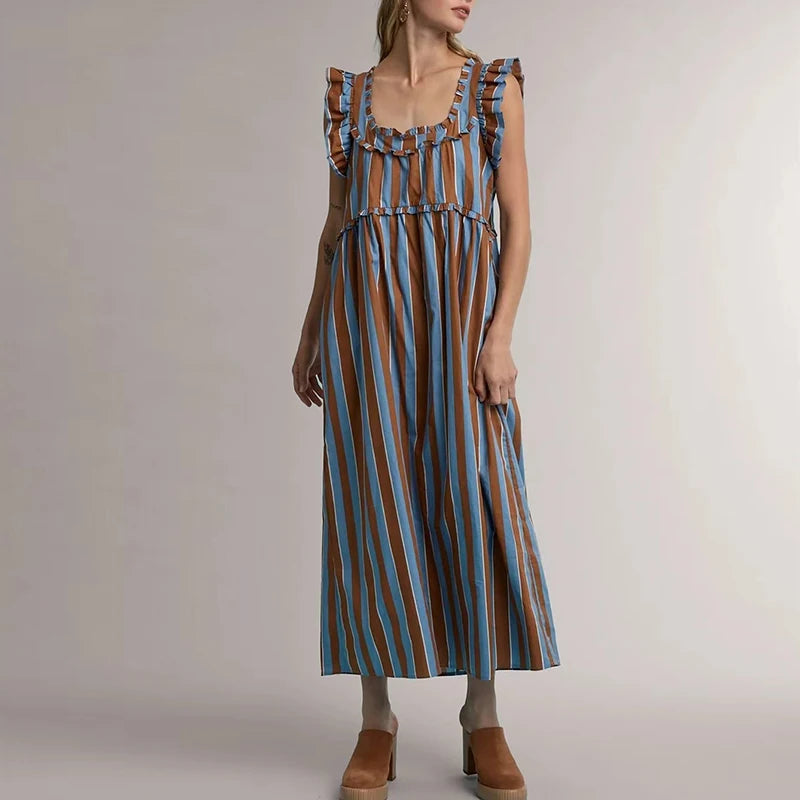 Striped Ruffle Trim Ankle Length Casual Dress for Women