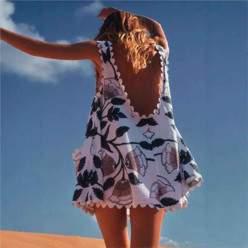 Colorful Floral Print Vest Dress Women Sexy Backless V-neck Sleeveless Beach Vacation Mini Dresses Female Spring Summer Vestidos