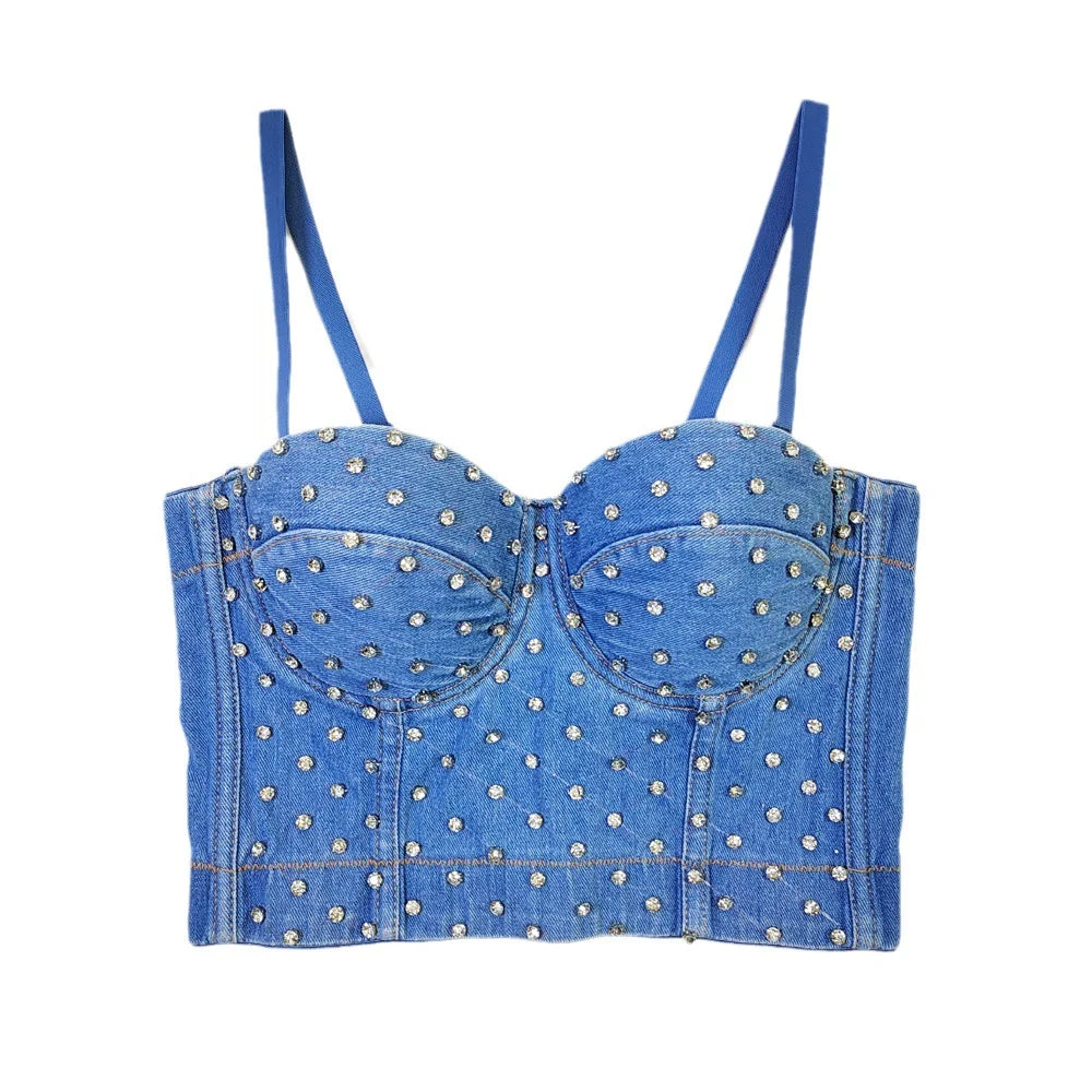 Denim Rhinestone Beaded Spaghetti Strap Bustier for Women