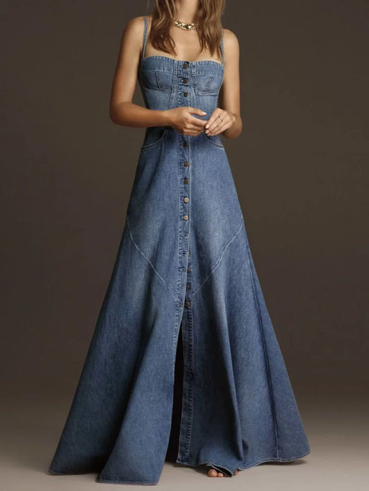 Denim Maxi Dress With Spaghetti Straps