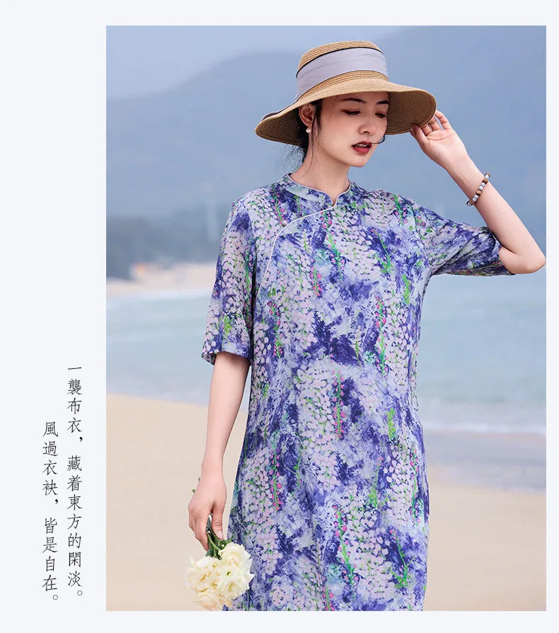 Casual Mandarin Collar Vintage Print Ramie Dress for Women
